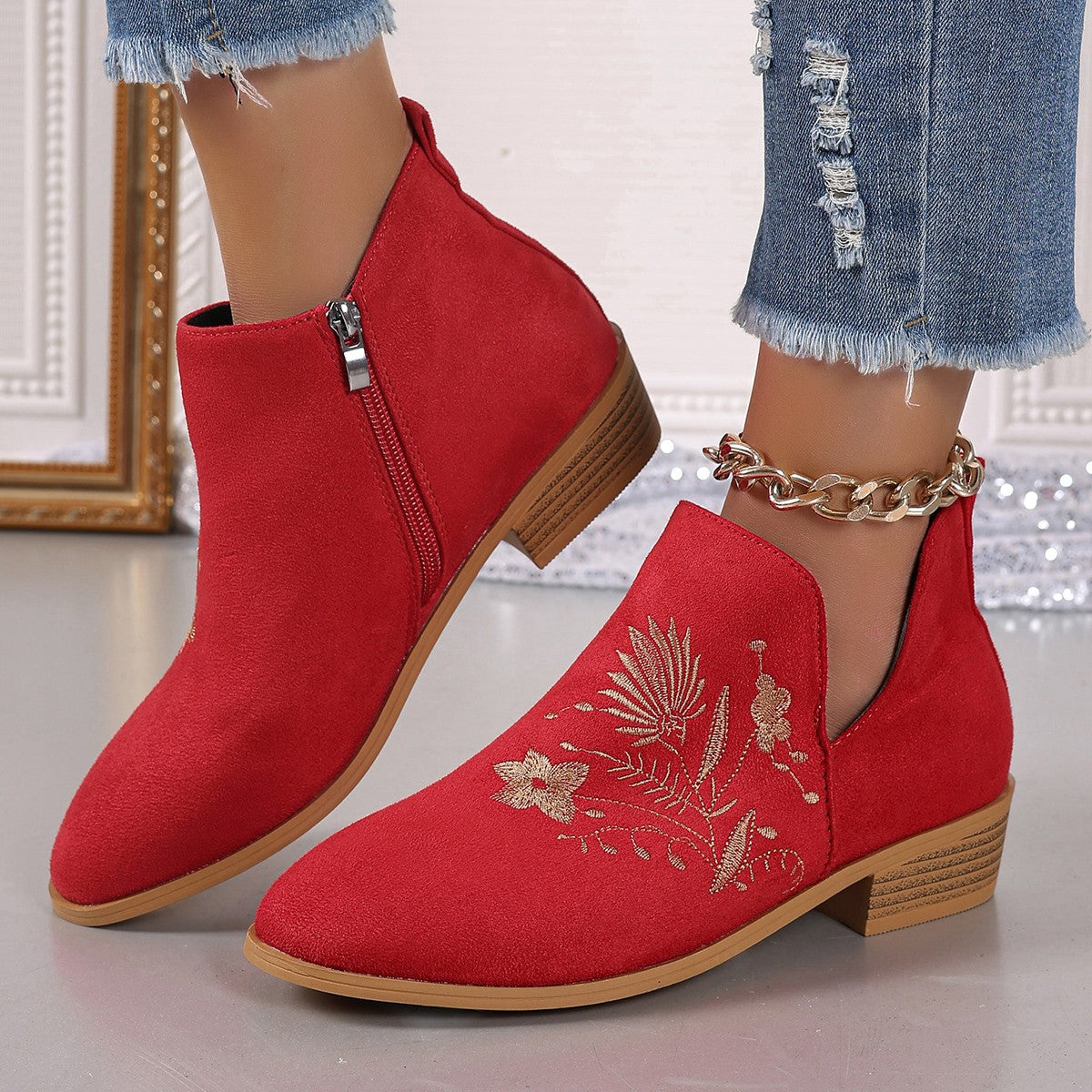 Embroidered Suede Point Toe Block Heel Boots