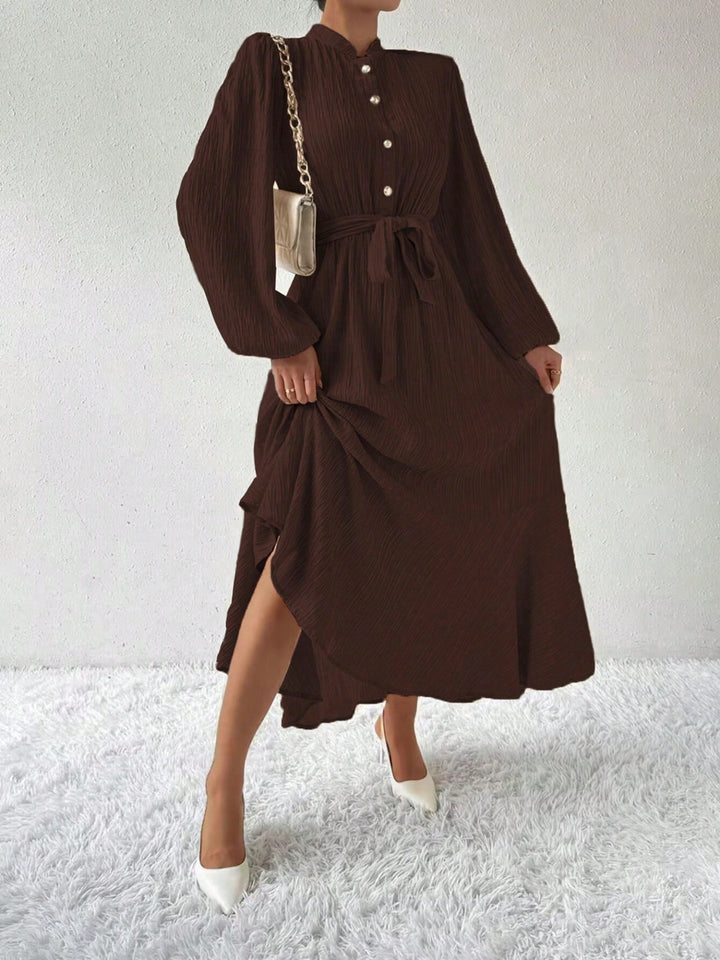 Fashion Sava | Button Tie Maxi Dress | Long Sleeve Elegance - Chocolate