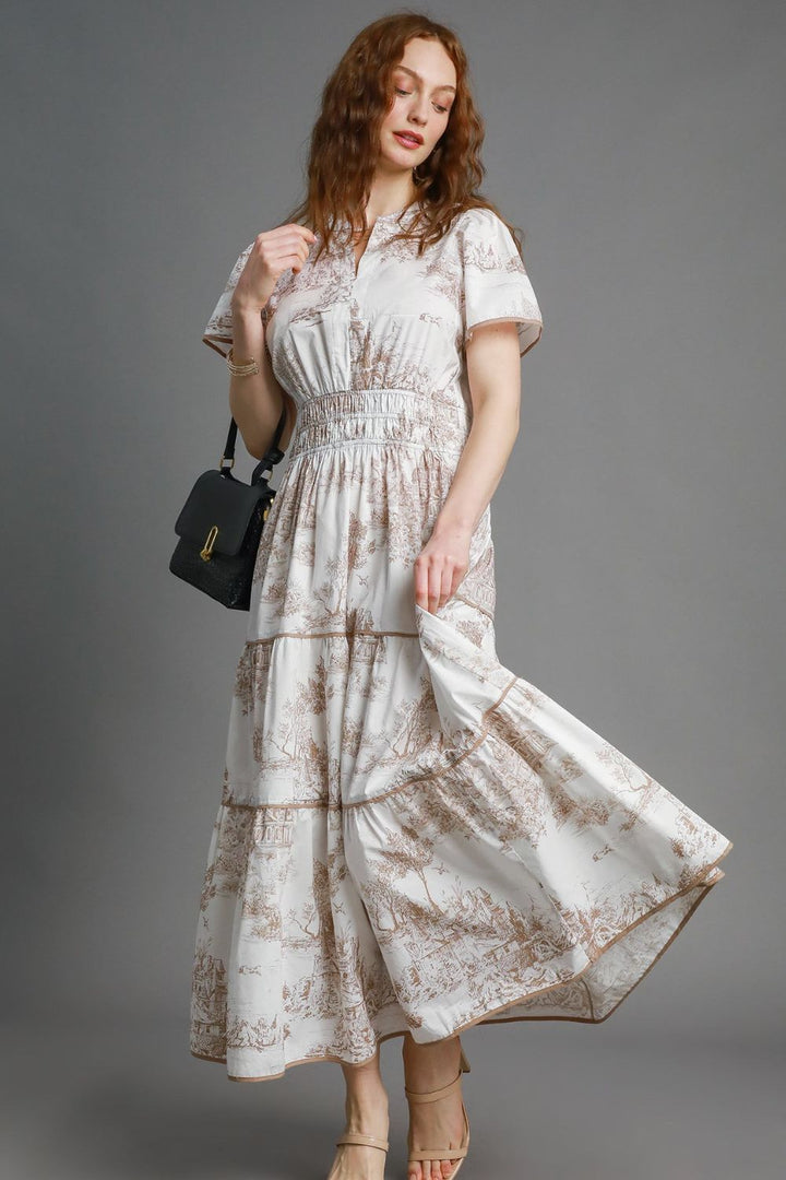 Fashion Sava | Landscape Print Maxi Dress | Tiered, Short Sleeve - Camel