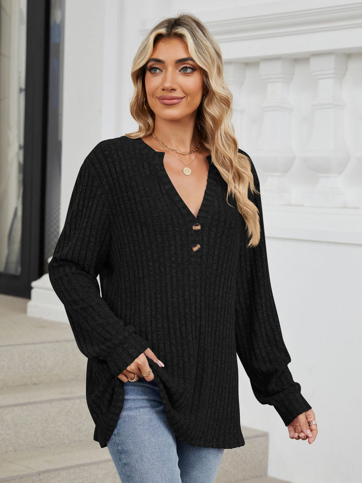 Fashion Sava | Ribbed Notched T-Shirt | Versatile Long Sleeve Top