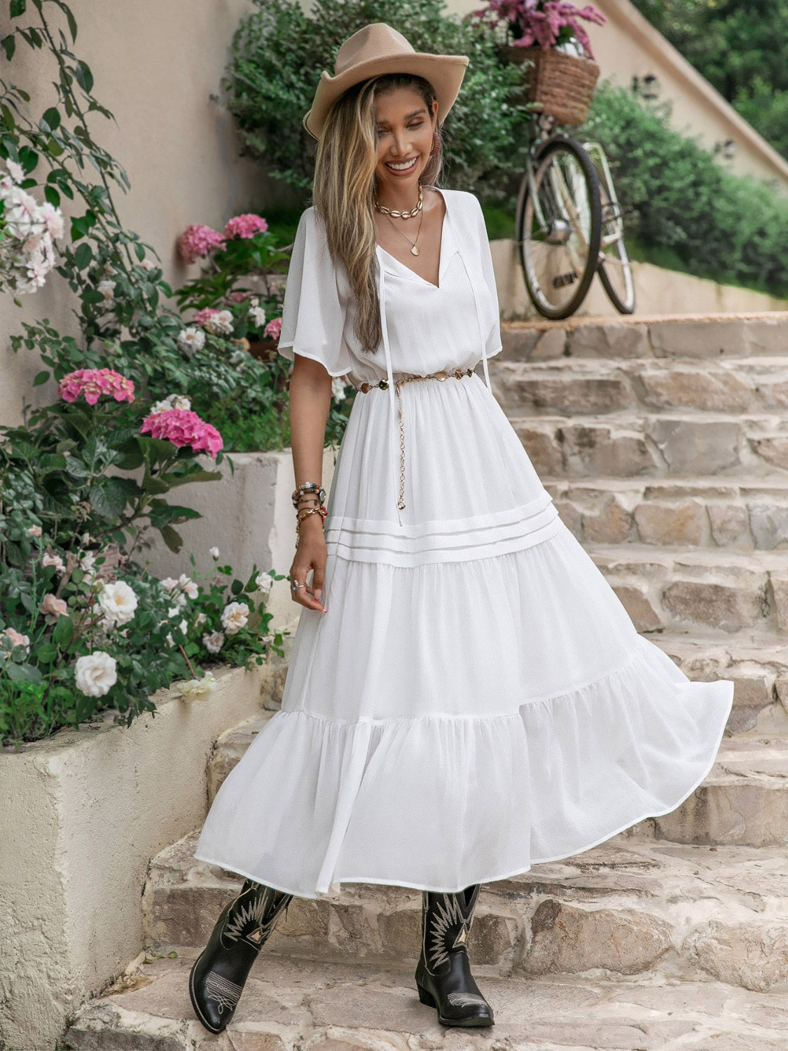 Fashion Sava | Tie Neck Ruffle Hem Dress | Elegant Short Sleeve Design - White