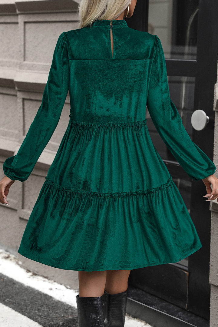 Fashion Sava | Smocked Frill Trim Dress | Tiered Balloon Sleeve Design - Dark Green