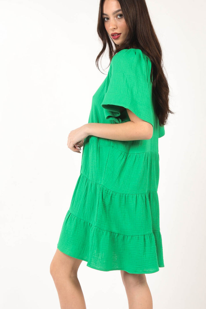 Fashion Sava | V-Neck Ruffled Tiered Dress | Textured Elegance - Green