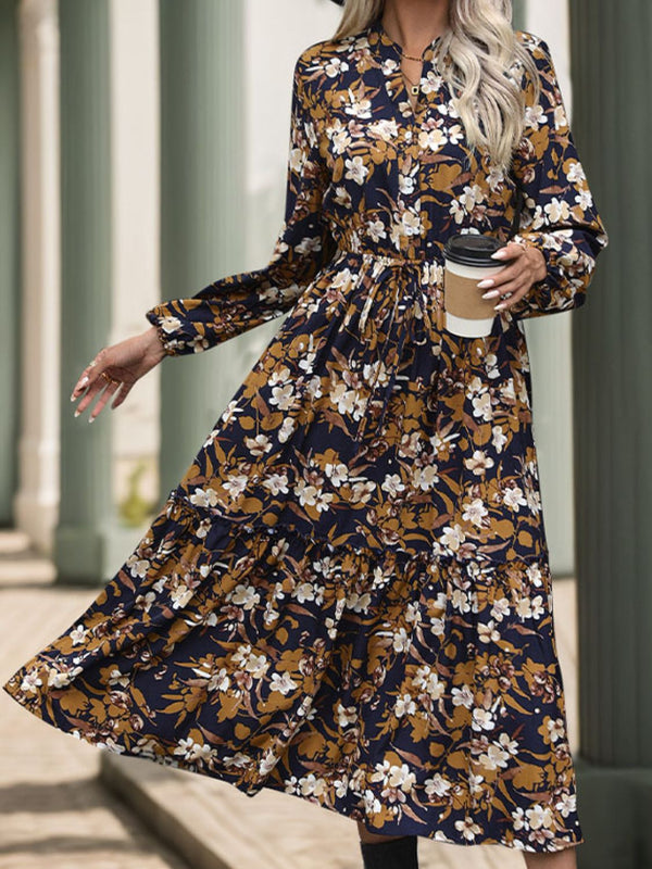 Fashion Sava | Notched Midi Dress | Printed Long Sleeve Design - Camel