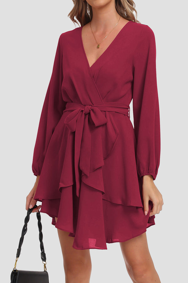 Fashion Sava | Surplice Balloon Sleeve Layered Dress | Elegant Style - Burgundy