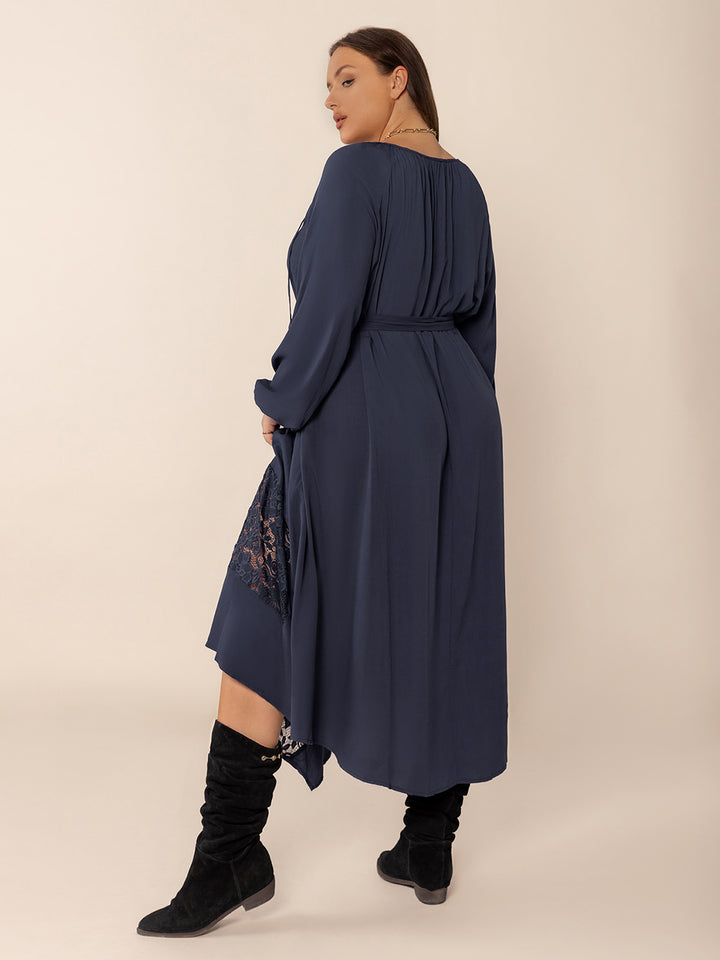 Fashion Sava | Lace Tie Neck Midi Dress | Elegant Long Sleeve - Dark Navy