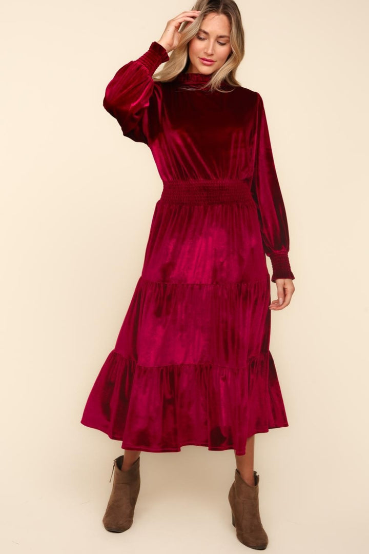 Fashion Sava | Velvet Tiered Dress | Mock Neck, Smocked Waist - Burgundy