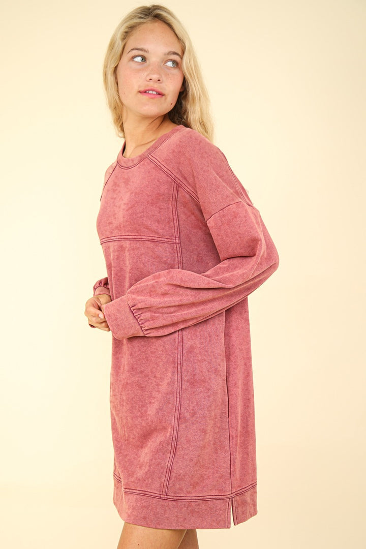Fashion Sava | Oversized Sweatshirt Mini Dress | Mineral Washed Look - Magenta