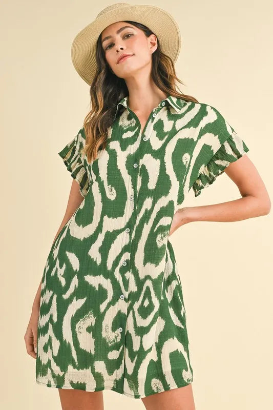 Fashion Sava | Frill Sleeve Mini Dress | Abstract Print Style