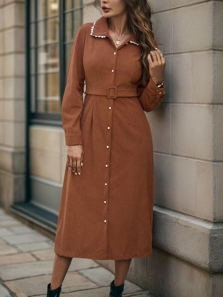 Fashion Sava | Perfee Lace Midi Dress | Elegant Collared Design - Caramel