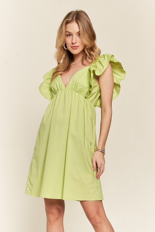 Fashion Sava | ADORA Babydoll Dress | Smocked Back & Ruffled Sleeves - LIME