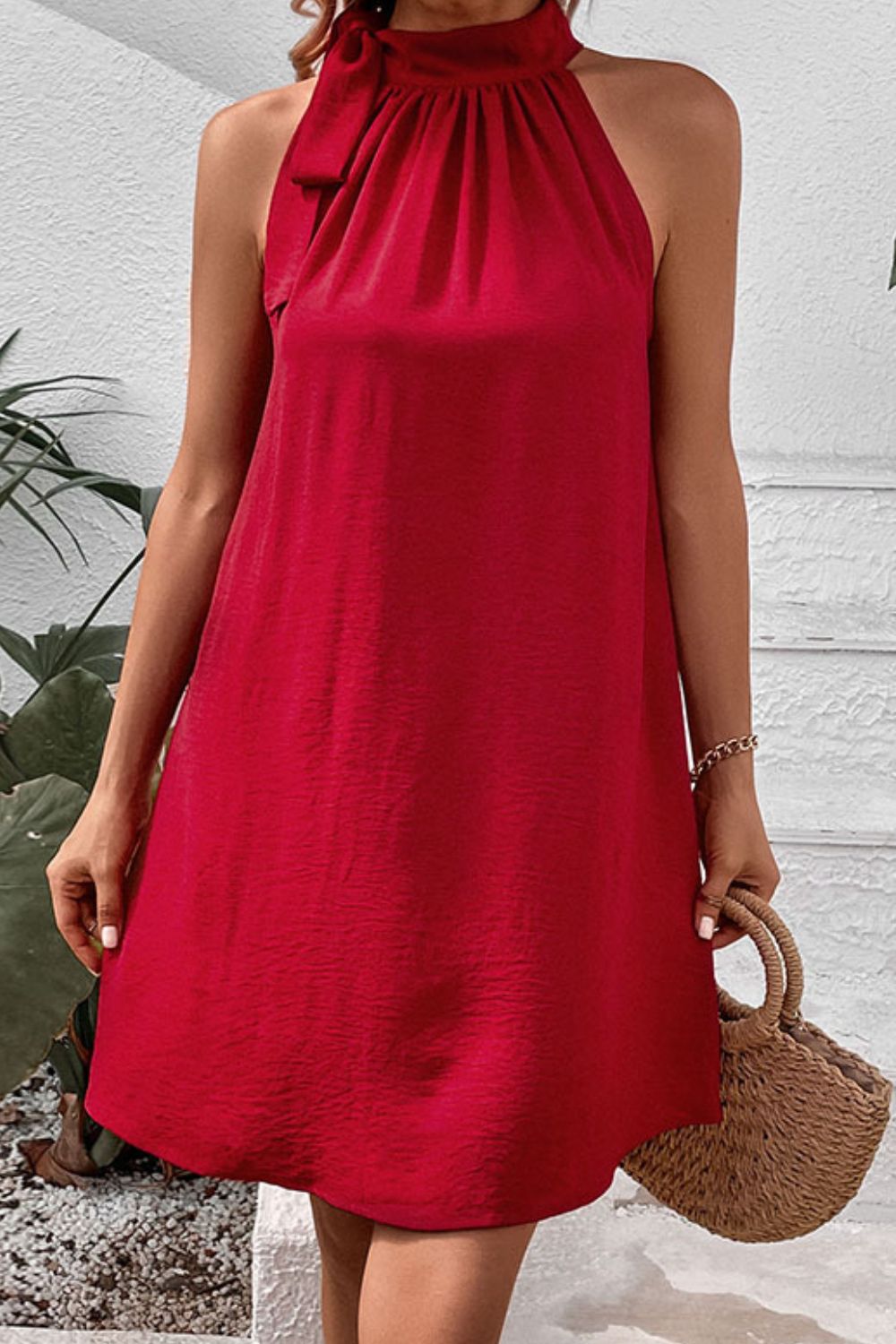 Perfee Tied Mock Neck Sleeveless Dress