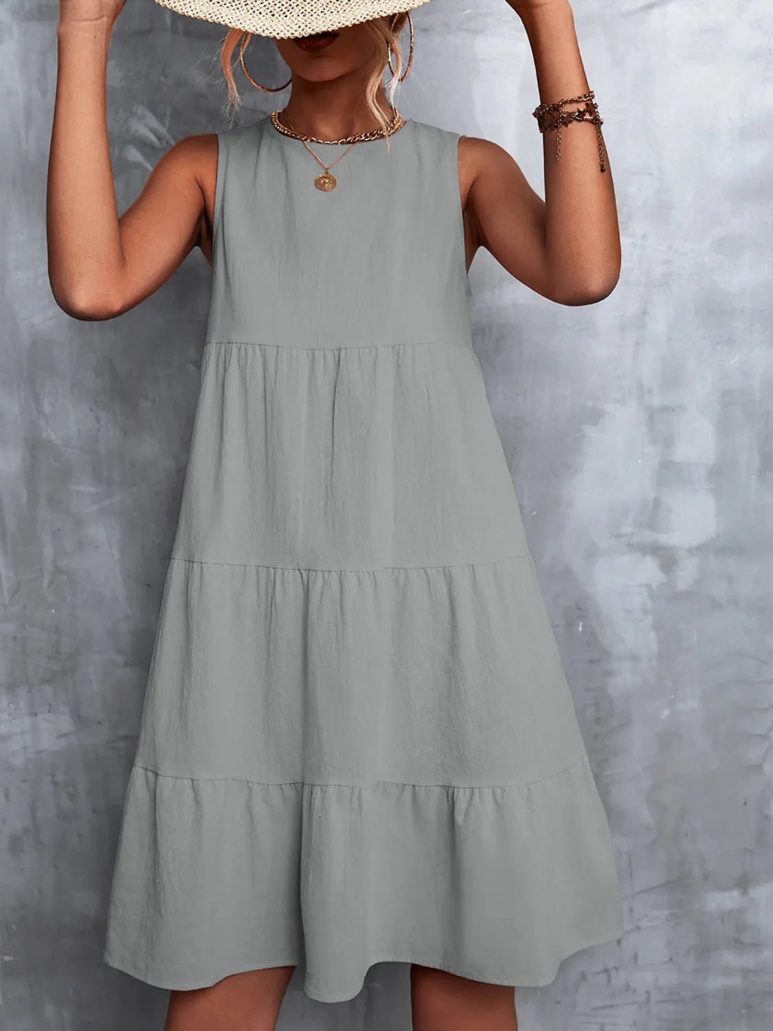 Fashion Sava | Tiered Sleeveless Mini Dress | Summer Essential - Gray