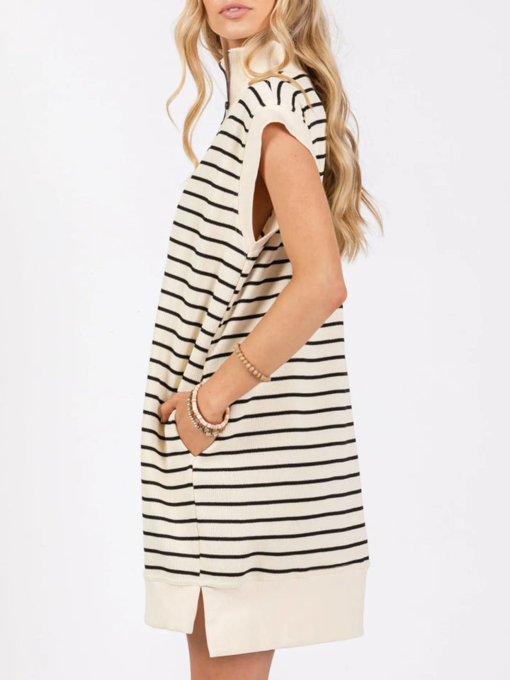 Fashion Sava | Striped Quarter Zip Dress | Pocketed & Cap Sleeve - Dark Blue