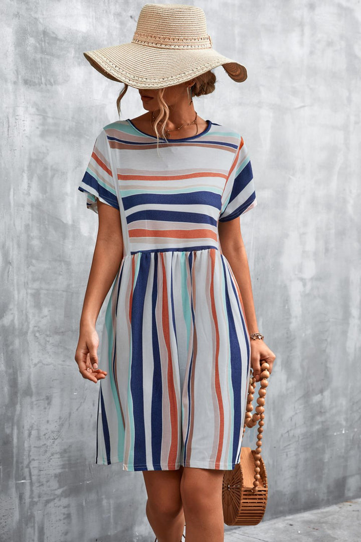 Fashion Sava | Striped Round Neck Dress | Casual Chic Wear - Caramel