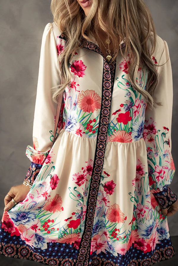 Fashion Sava | Lantern Sleeve Dress | Flower Button Down Style - Ivory