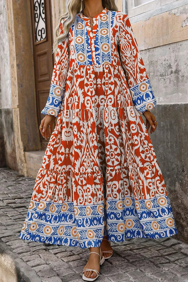 Fashion Sava | Notched Maxi Dress | Long Sleeve Elegance - Orange