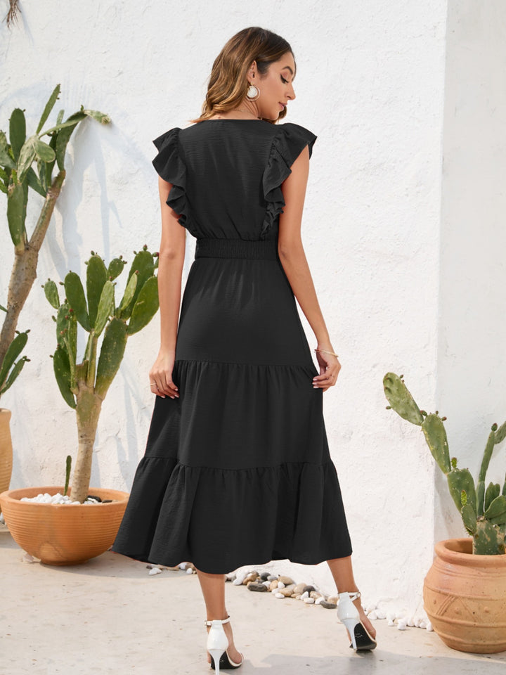 Fashion Sava | Tiered Ruffled Dress | Elegant V-Neck Design - Dark Green