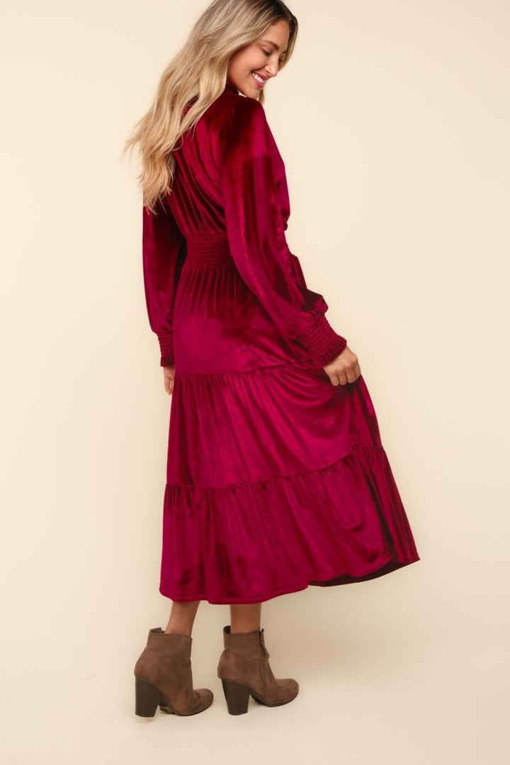 Fashion Sava | Velvet Tiered Dress | Mock Neck, Smocked Waist - Burgundy