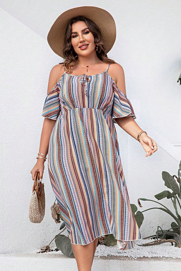Fashion Sava | Cold-Shoulder Dress | Striped Evening Wear - Multicolor