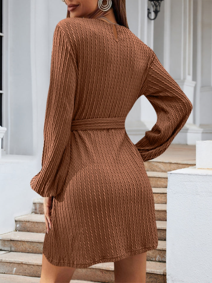 Fashion Sava | Tie Front Long Sleeve Dress | Elegant & Stylish - Khaki