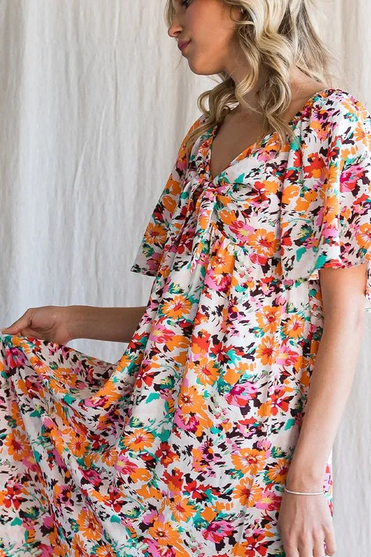 Fashion Sava | Floral Midi Dress | Sweetheart Neck Tie Front