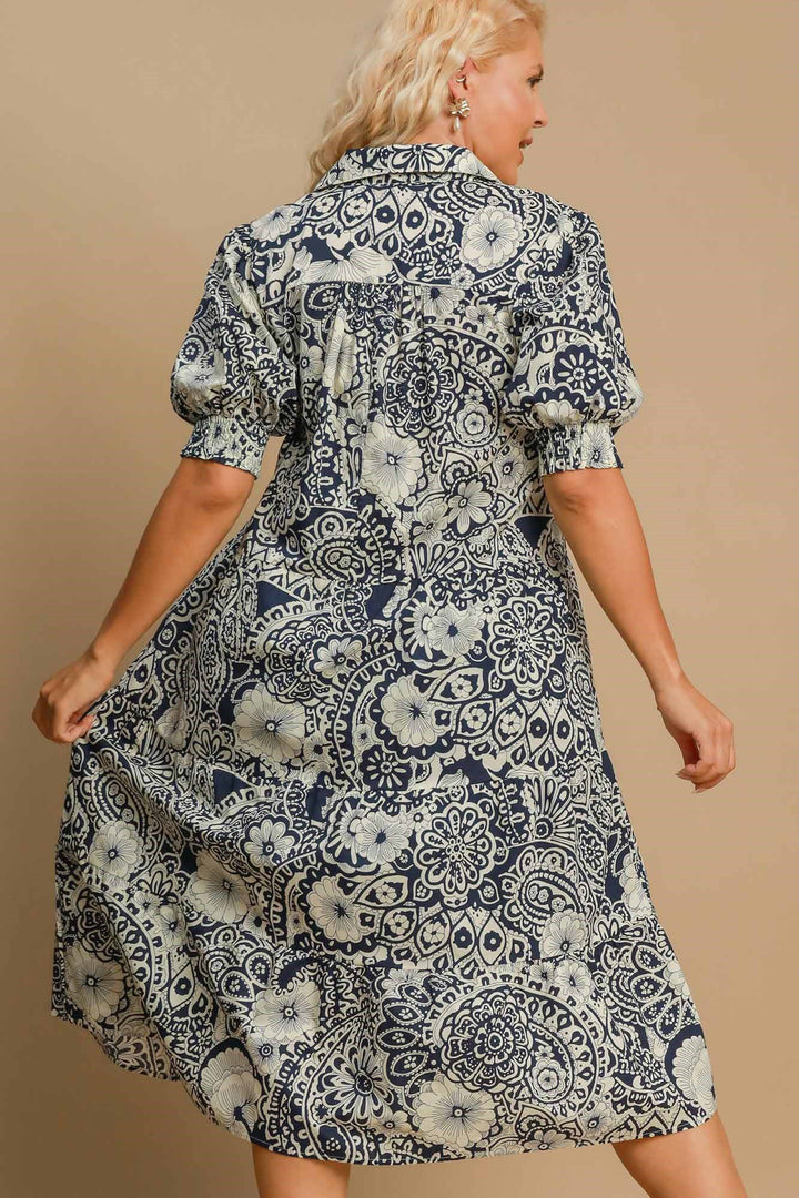 Fashion Sava | Umgee Printed Puff Sleeve Midi Dress | Smocked Cuff Style - Dark Blue