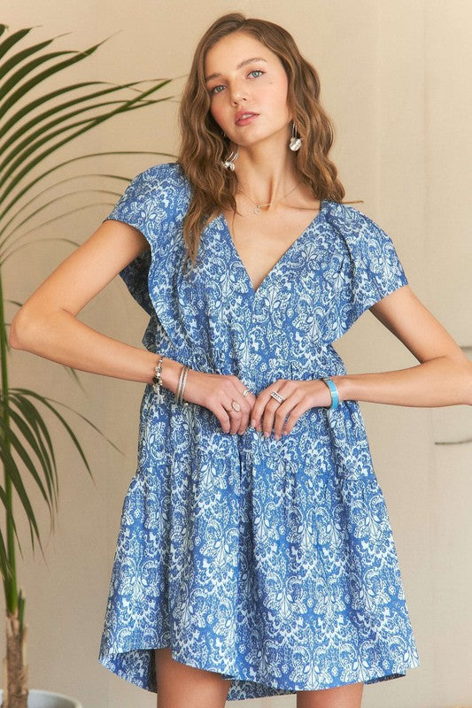 Fashion Sava | ADORA Mini Dress | V-Neck Ruffle Sleeve - Denim Blue