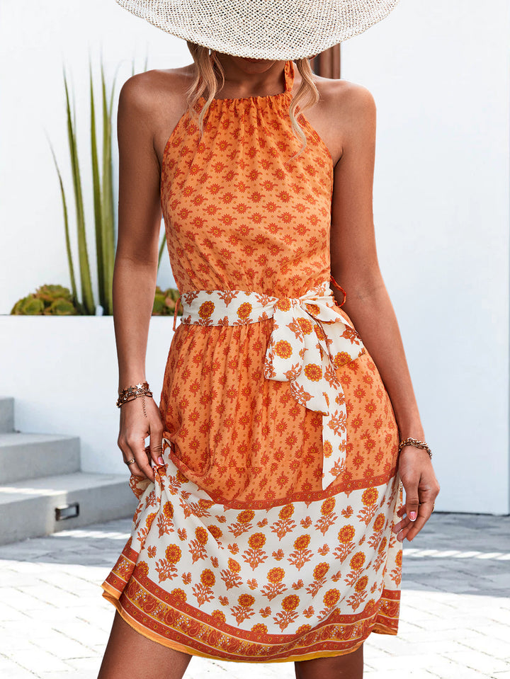 Fashion Sava | Floral Halter Dress | Tie Waist Styling - Orange
