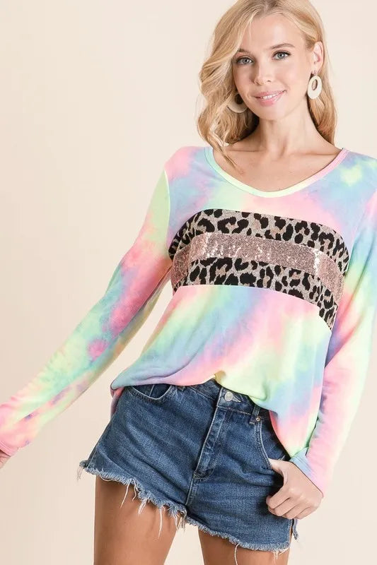 Fashion Sava | Tie Dye U-neck Top | Leopard & Sequins Style