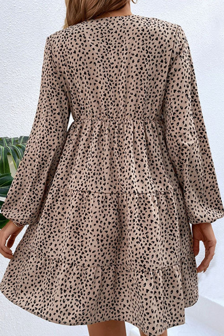 Fashion Sava | Empire Waist Notched Dress | Printed Tiered Style - Khaki