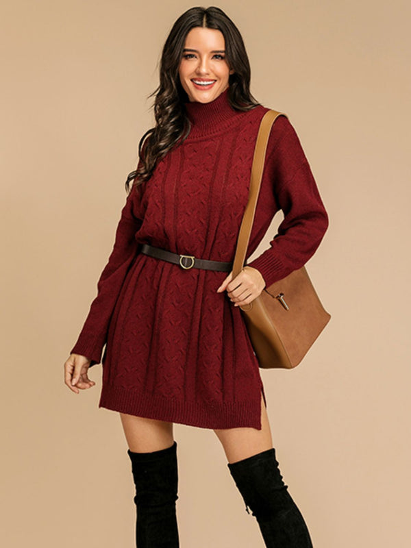 Fashion Sava | Slit Turtleneck Mini Dress | Cozy Long Sleeve Style - Burgundy