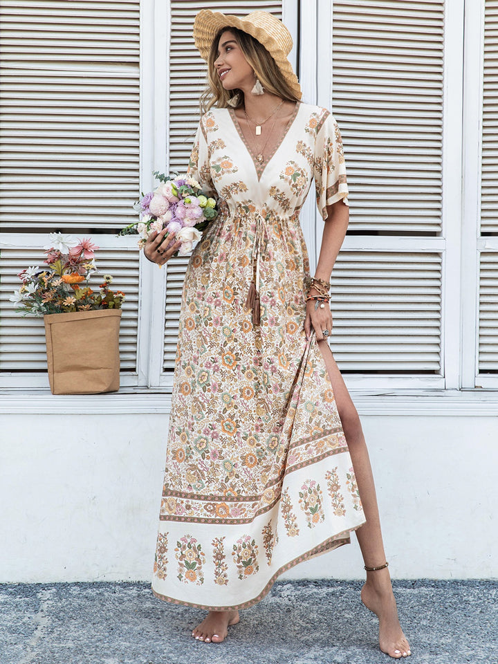 Fashion Sava | Plunge Half Sleeve Dress | Drawstring & Printed Design - Khaki