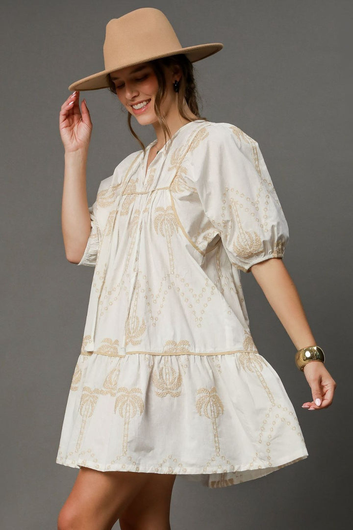 Fashion Sava | Embroidered Babydoll Dress | Puff Sleeve Elegance - Off white