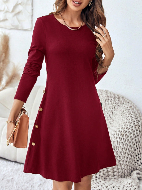 Fashion Sava | Mini Dress with Pockets | Round Neck Long Sleeve - Burgundy