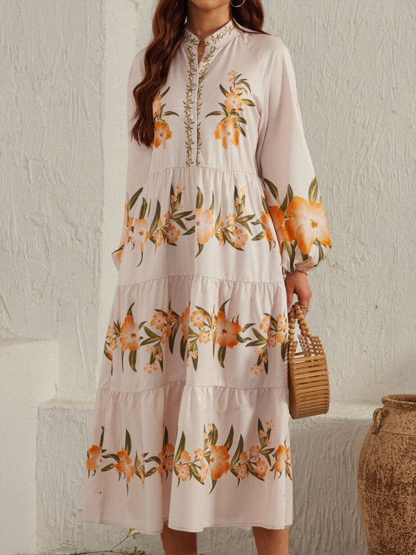 Fashion Sava | Midi Dress | Printed Long Sleeve Design - Dust Storm
