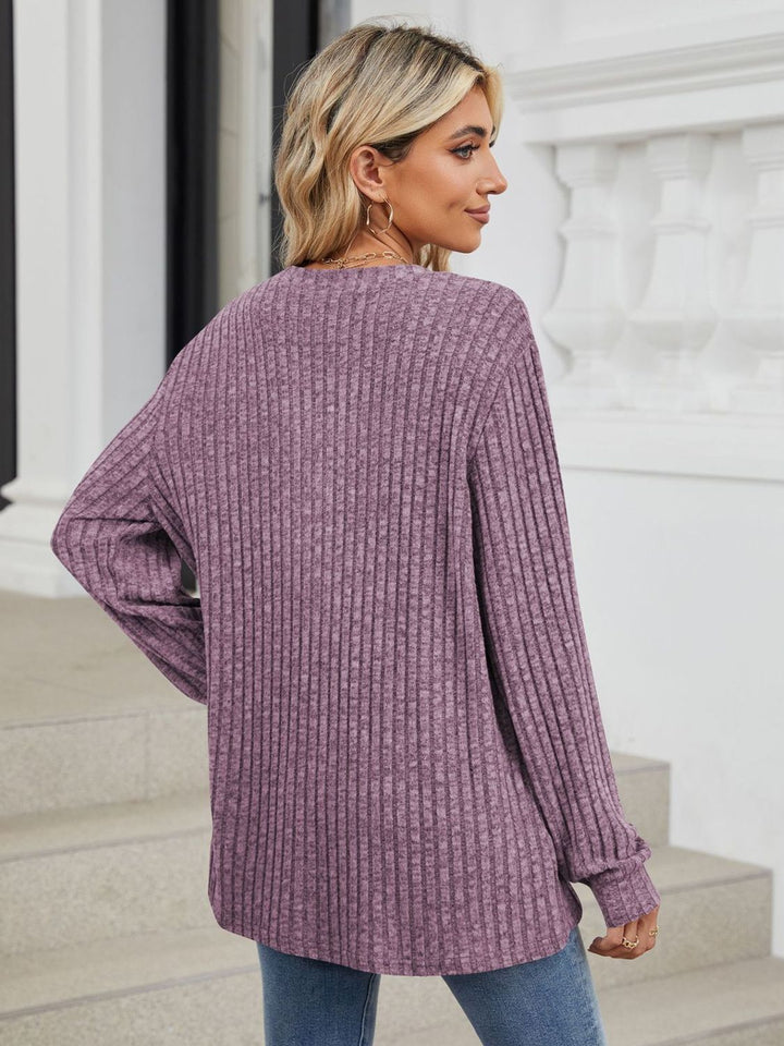 Fashion Sava | Ribbed Notched T-Shirt | Versatile Long Sleeve Top