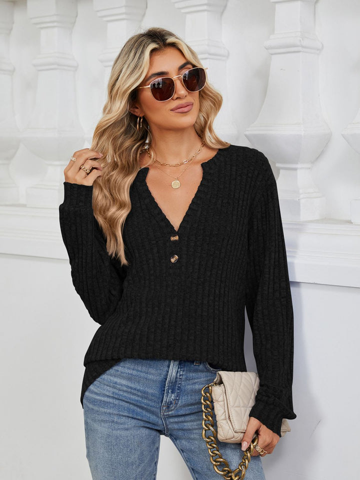 Fashion Sava | Ribbed Notched T-Shirt | Versatile Long Sleeve Top