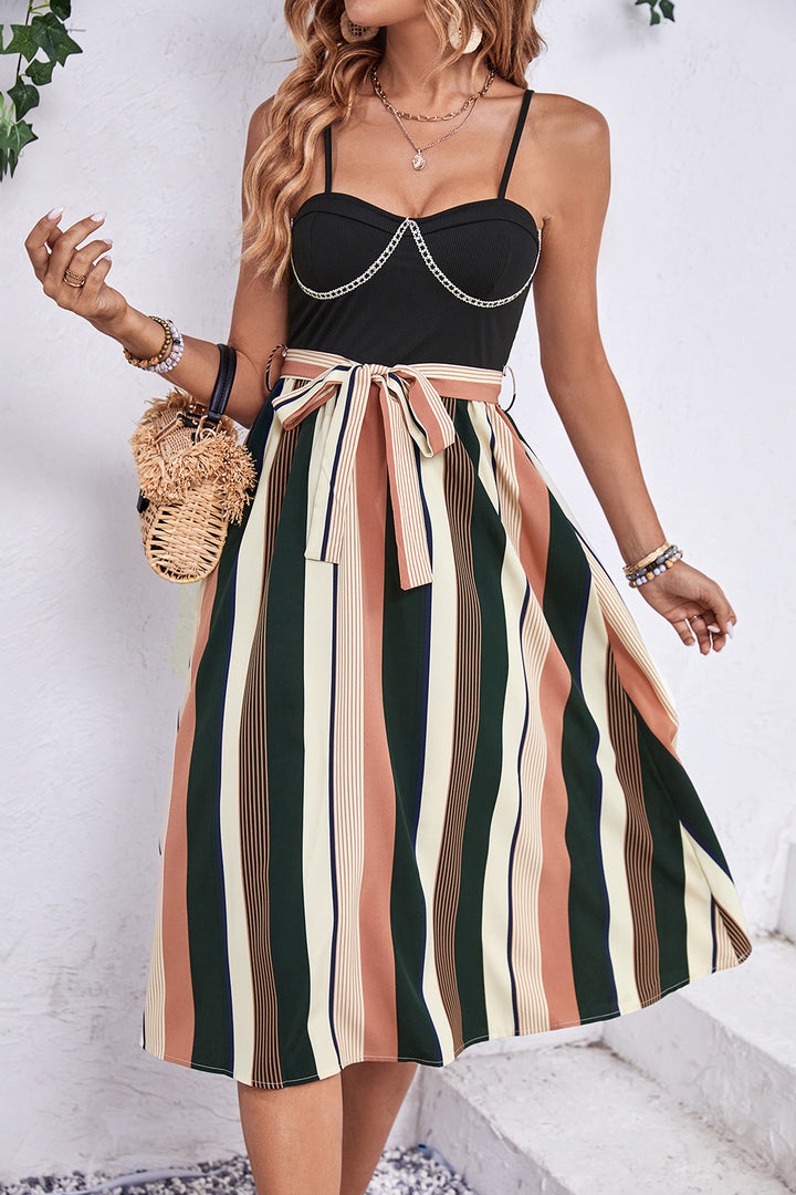 Fashion Sava | Tied Striped Dress | Spaghetti Strap Style - Black