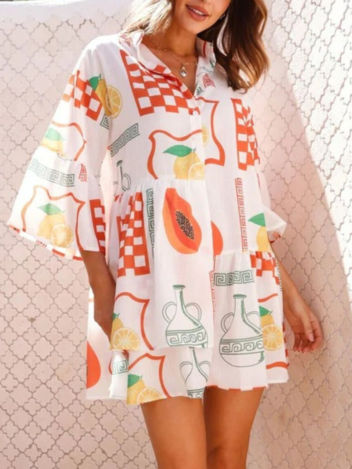 Fashion Sava | Three-Quarter Sleeve Mini Dress | Printed Design - Orange