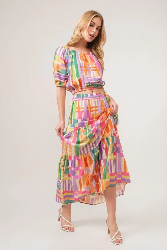 Fashion Sava | Asymmetric Maxi Skirt | Geo Printed Tiered Design