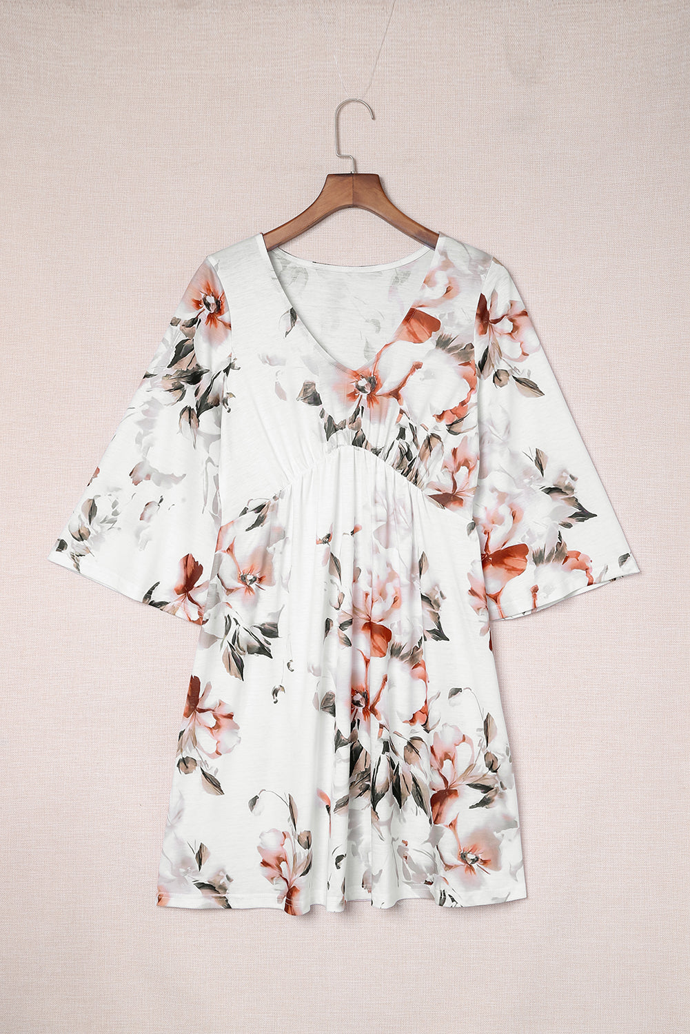 Floral V-Neck Three-Quarter Sleeve Mini Dress