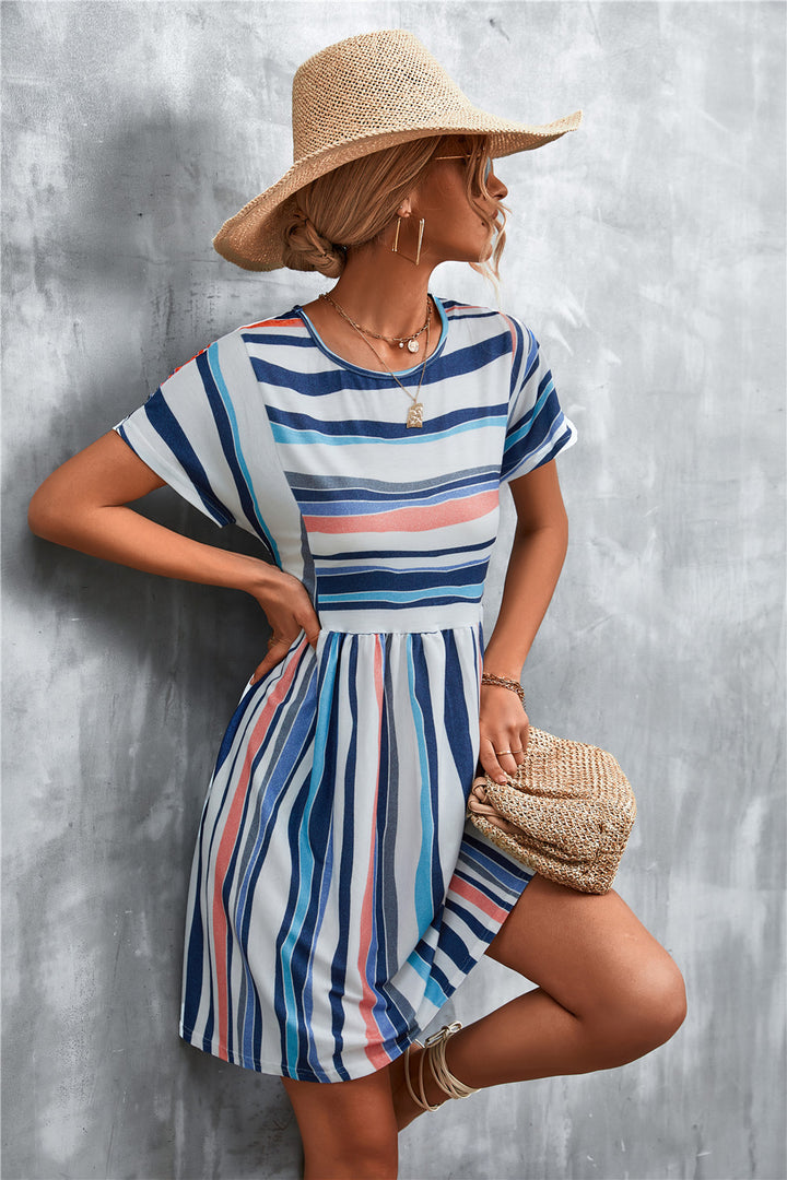 Fashion Sava | Striped Round Neck Dress | Casual Chic Wear - Orange/White
