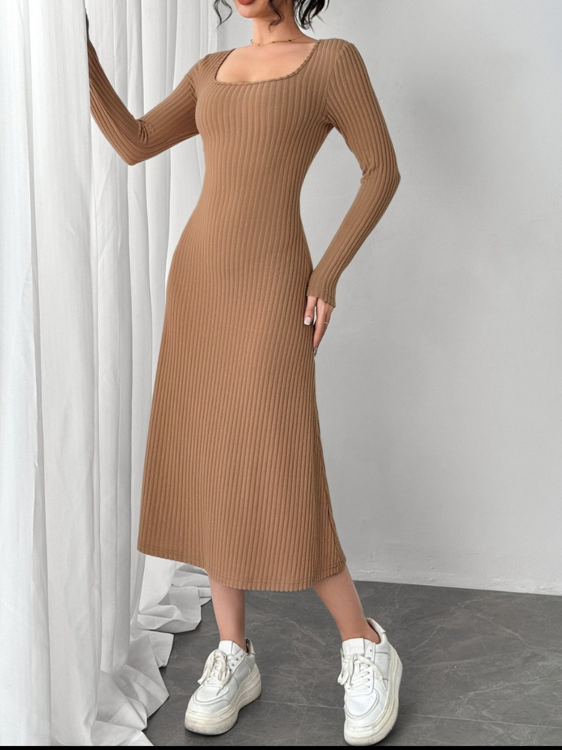 Square Neck Long Sleeve Midi Wrap Dress