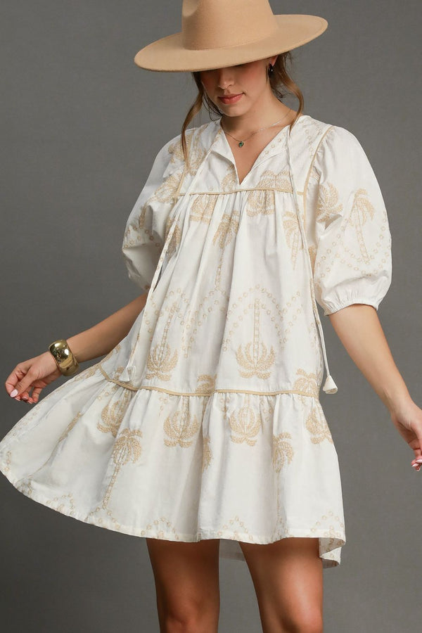 Fashion Sava | Embroidered Babydoll Dress | Puff Sleeve Elegance - Off white