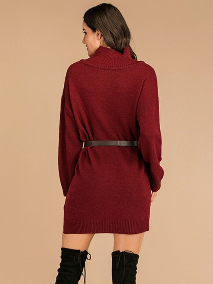 Fashion Sava | Slit Turtleneck Mini Dress | Cozy Long Sleeve Style - Burgundy
