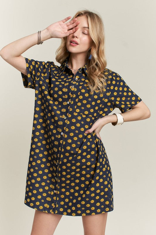 Fashion Sava | ADORA Denim Dress | Floral Button-Up Mini - Dark