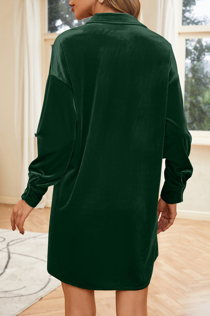 Fashion Sava | Velvet Mini Dress | Collared Neck Long Sleeve - Army Green