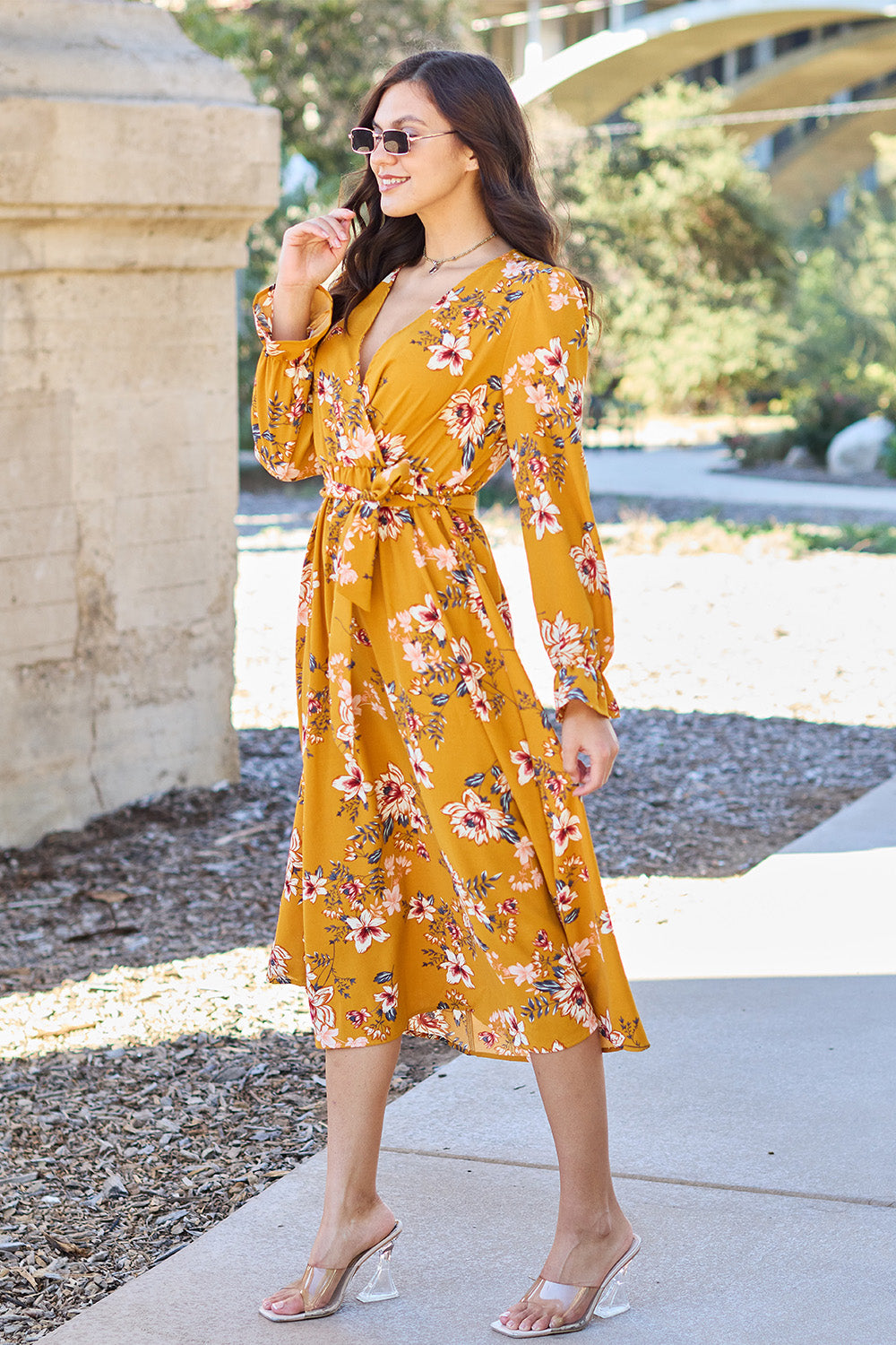 Fashion Sava | Floral Tie Back Dress | Flounce Sleeves - Caramel