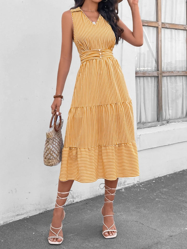 Fashion Sava | Sleeveless Midi Dress | Striped Johnny Collar Style - Blush Pink